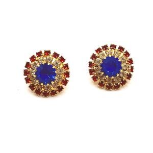 Vintage Rhinestones Small Clip On Earrings Red Blue White Crystals